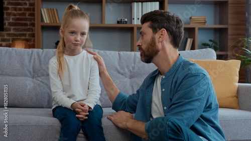 Caucasian family at home caring father support comforting sad daughter stressed upset child kid girl empathy supporting talking helping childcare problem parenting protection advice psychology help