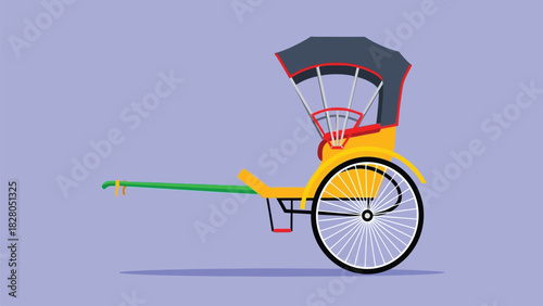 Flat Design Vector Illustration of a Traditional Asian Rickshaw or Pedicab Carriage on a Solid Lavender Background