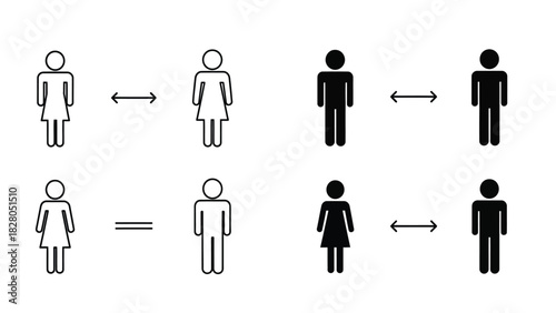 Gender Pictogram Vector Icon Set: Male and Female Figures, Outline and Solid Style, Featuring Social Distancing Arrows and Equality Symbol for Accessibility and Demographic Representation