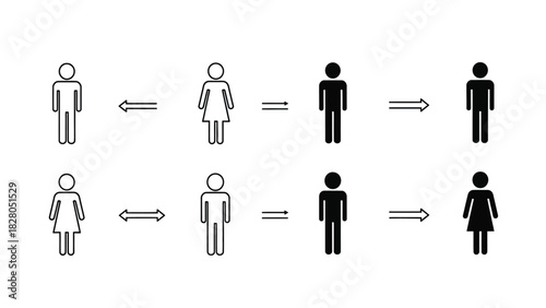 Gender Symbols Set with Transition Arrows: Comparison of Male and Female Icons in Outline and Silhouette Styles