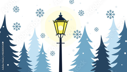 Enchanting winter scene with glowing street lamp snowflakes and fir trees creating a festive holiday background for seasonal greetings