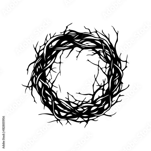 Black silhouette of a thorny wreath or crown made of tangled, twisted branches and sharp twigs, symbolizing pain, sacrifice, or a cursed nature circle element on white.