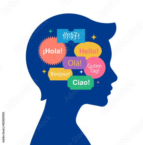 Child head silhouette with multilingual speech bubbles. Language learning and early education concept. Simplicity vector illustration, isolated.