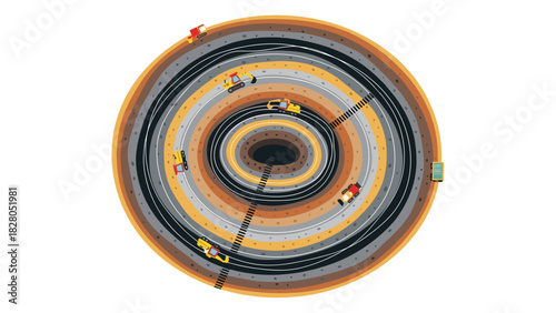 Dynamic aerial view of mining operation with heavy equipment excavating earth for minerals and resources in a concentric pit mine