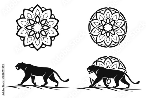 Minimalist mandala tiger icon set with geometric patterns