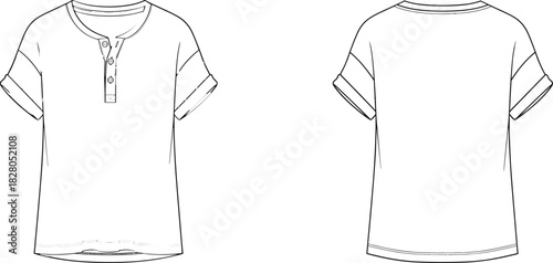 Technical Fashion Flat Sketch of a Women's Short Sleeve Relaxed Fit Henley T-Shirt with Cuffed Sleeves and Three-Button Placket Vector