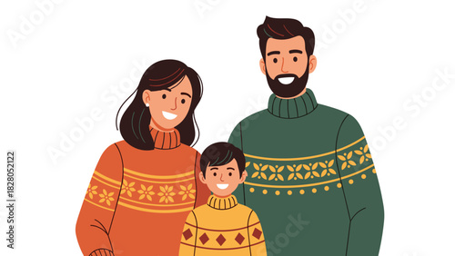 Cheerful family portrait with retro sweaters embracing holiday spirit and cozy togetherness for heartwarming seasonal campaigns
