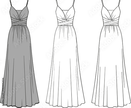 Technical Fashion Flat Sketch of a Women's Sleeveless Maxi Gown featuring Draped Bodice, Spaghetti Straps, and Floor-Length A-Line Skirt Vector