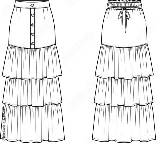 Technical Fashion Flat Sketch of a Women's Tiered Maxi Skirt with Button-Front Placket, Shirred Ruffle Hems, and Elasticated Waistband Vector