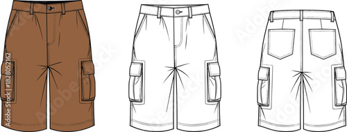 Technical Fashion Flat Sketch of Men's Knee-Length Cargo Shorts with Side Flap Pockets, Belt Loops, and Button Fly Closure Vector