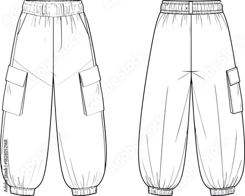 Technical Fashion Flat Sketch of Unisex High-Waisted Baggy Cargo Pants with Elasticated Waistband, Cuffs, and Exaggerated Pockets Vector