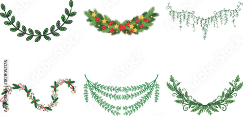 Set of six festive christmas garlands isolated on transparent background, perfect for adding a touch of holiday cheer to your designs