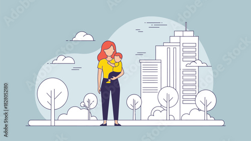 Happy Mother Holding Baby in City Park. Family Life and Parenthood in Modern Urban Landscape Vector Illustration.