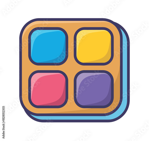 An artistic palette with four colorful paint compartments is depicted.