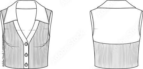 Women's Cropped V-Neck Top Vector Template with Collar, Pinstripe Texture, Button Front, and Technical Fashion Flat Sketch.