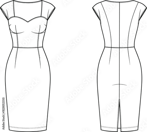 Women's Fitted Pencil Dress Vector Template with Sweetheart Neckline, Bustier Seams, Cap Sleeves, and Technical Flat Sketch.