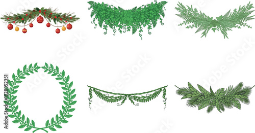 Collection of festive greenery garlands and wreaths isolated on transparent background, perfect for adding a touch of nature