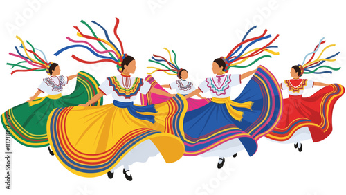 Vibrant folk dancers showcasing traditional dresses in colorful dance performance for joyous cultural celebration and festive heritage events