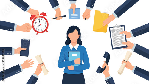 Overworked Businesswoman Multitasking and Stressed with Too Many Demands and Deadlines