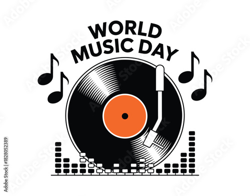 Illustration of world music day with vinyl record and musical notes design