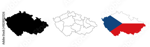 Czech map icon. Three variations showing silhouette, administrative divisions and flag fill vector illustration. National territory sign. Geographic borders symbol.