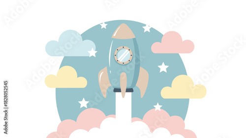 Dreamy pastel rocketship launches into space among fluffy clouds and twinkling stars perfect for children's projects and whimsical designs