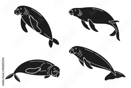 Minimalist icon set of a swimming dugong and marine life