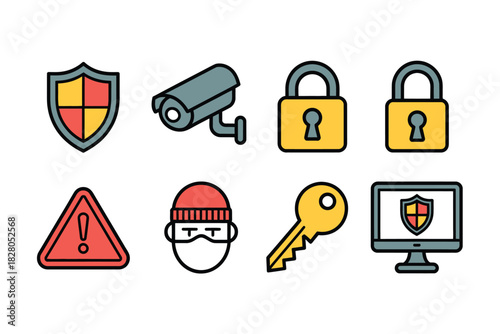 Illustration of security icons including shield camera locks and a thief face