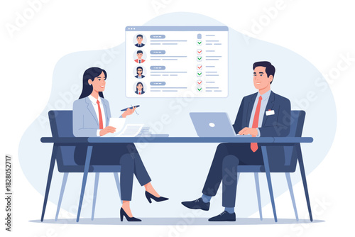 Two business people sitting at a desk reviewing candidates on a computer screen