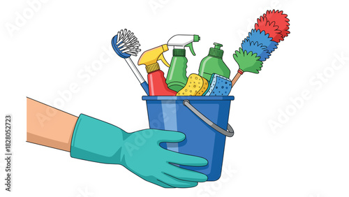 Gloved hand carrying a bucket of colorful cleaning supplies ready for spring cleaning tasks in a home or business environment