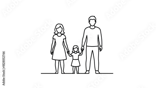 Family Holding Hands Continuous Line Drawing. Mother, Father, and Daughter Together Minimalist Linear Illustration.