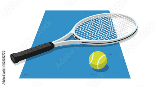 Tennis racket and ball on a court ready for a thrilling match, sporty design great for fitness brands or active lifestyle campaigns