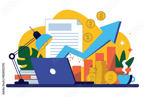 Illustration of a desk with a laptop, books, and financial growth indicators