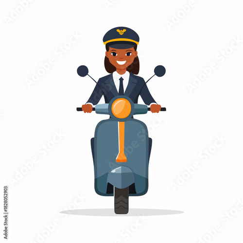 Vigilant female police officer riding a scooter, on duty for public safety, isolated white background.