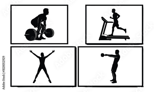 Four silhouettes of people exercising and weightlifting isolated on white background