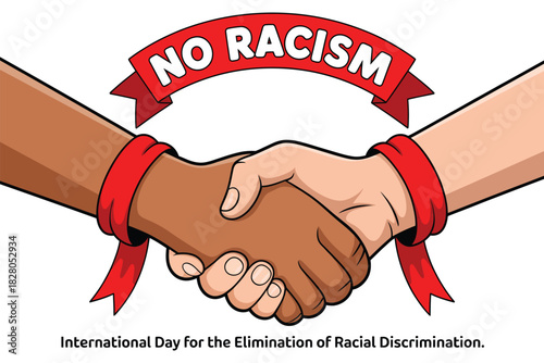 Illustration of a handshake between two hands of different skin tones with a banner