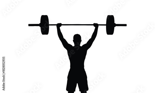 Silhouette of a person lifting a heavy barbell overhead isolated on white background