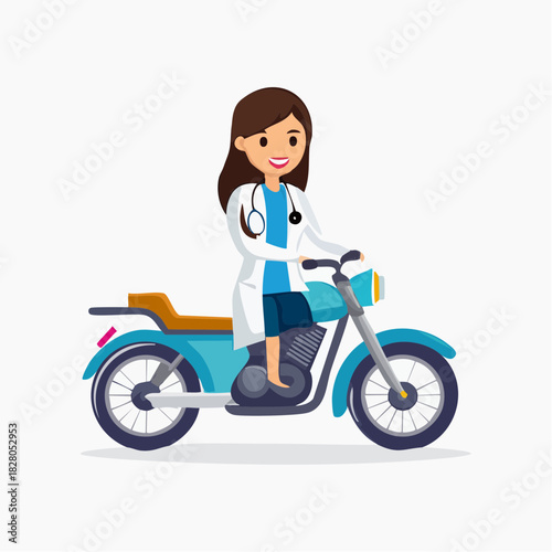 Caring female doctor riding a light blue motorcycle, ready to provide medical service, isolated white background.