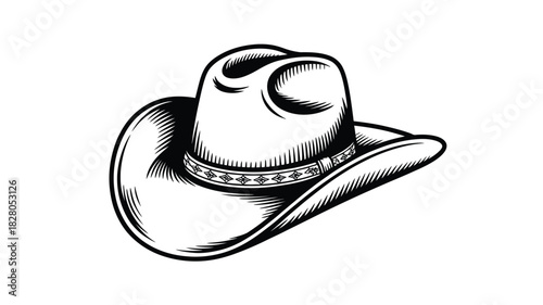 A detailed illustration of a classic cowboy hat rests on a white background.