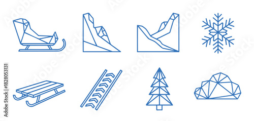 Set of blue line art winter icons: sled, snowflake, tree, slide — ideal for design, web and festive content.