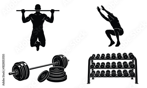 Fitness silhouette collection featuring pull up bar dumbbell rack and barbell isolated on white background