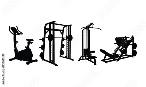 Collection of silhouetted gym equipment on a white background isolated on white background