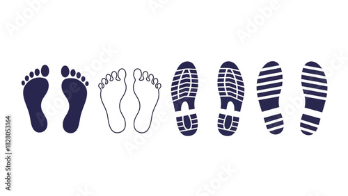 Collection of Barefoot and Shoe Print Icons - Human Footprints and Various Footwear Tracks Vector Illustration