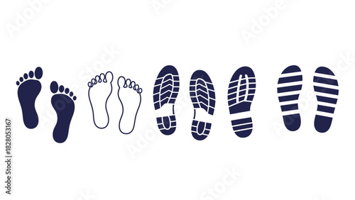 Footprints and Shoe Prints Vector Icon Set. Collection of Barefoot, Athletic Shoe Tread, and Sandal Traces for Navigation, Hiking, or Walking Path Signs.