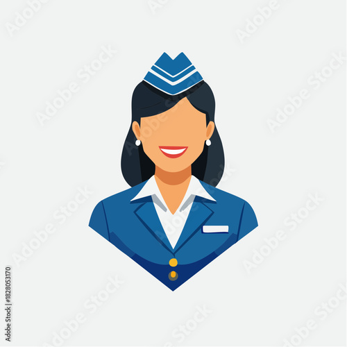 Smiling female flight attendant in uniform, avatar portrait, isolated white background.