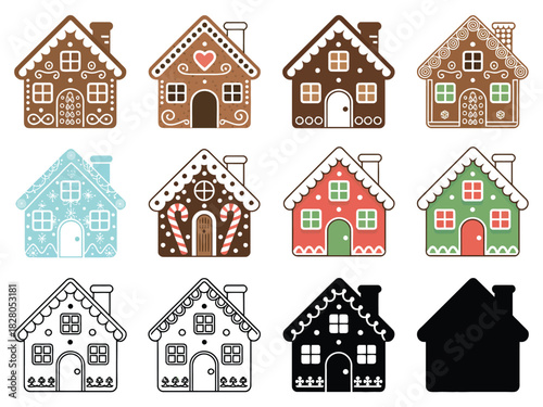A collection of decorative gingerbread houses in various colors and styles