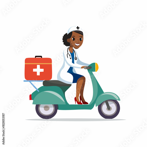 Smiling female doctor riding a scooter with a medical emergency kit, isolated white background.