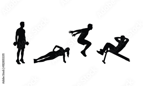 Silhouettes of people performing various fitness exercises isolated on white background
