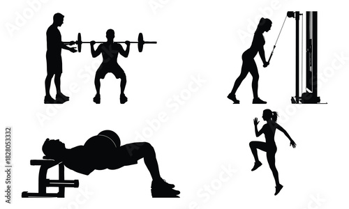 Silhouettes of people exercising with weights and equipment isolated on white background
