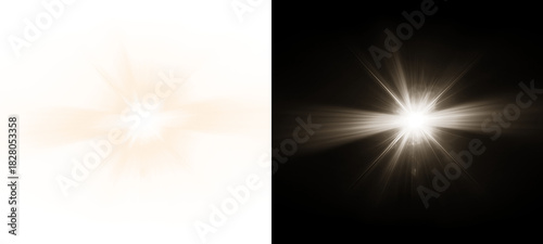 A captivating split screen showcasing a radiant light effect against both a pristine white and a stark black background isolated on transparent background